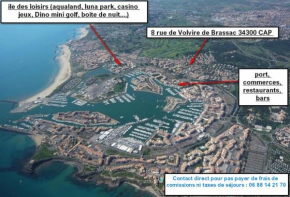CAP D'AGDE studio cabine 6 pers. + terrasse + parking privé + clim (calme)